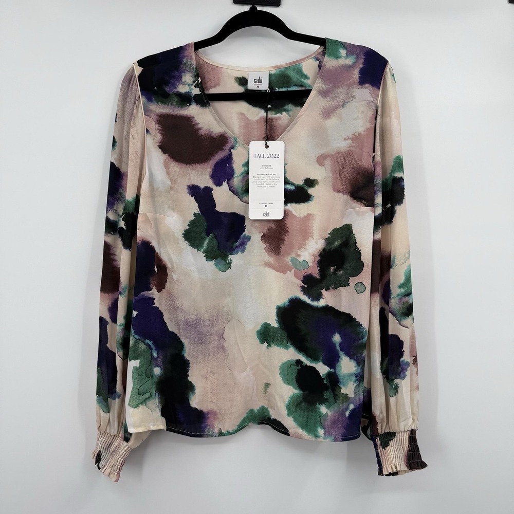 CAbi Blouse Womens Medium Multicolor Mystic Aurora Floral V-Neck‎ Long Sleeve